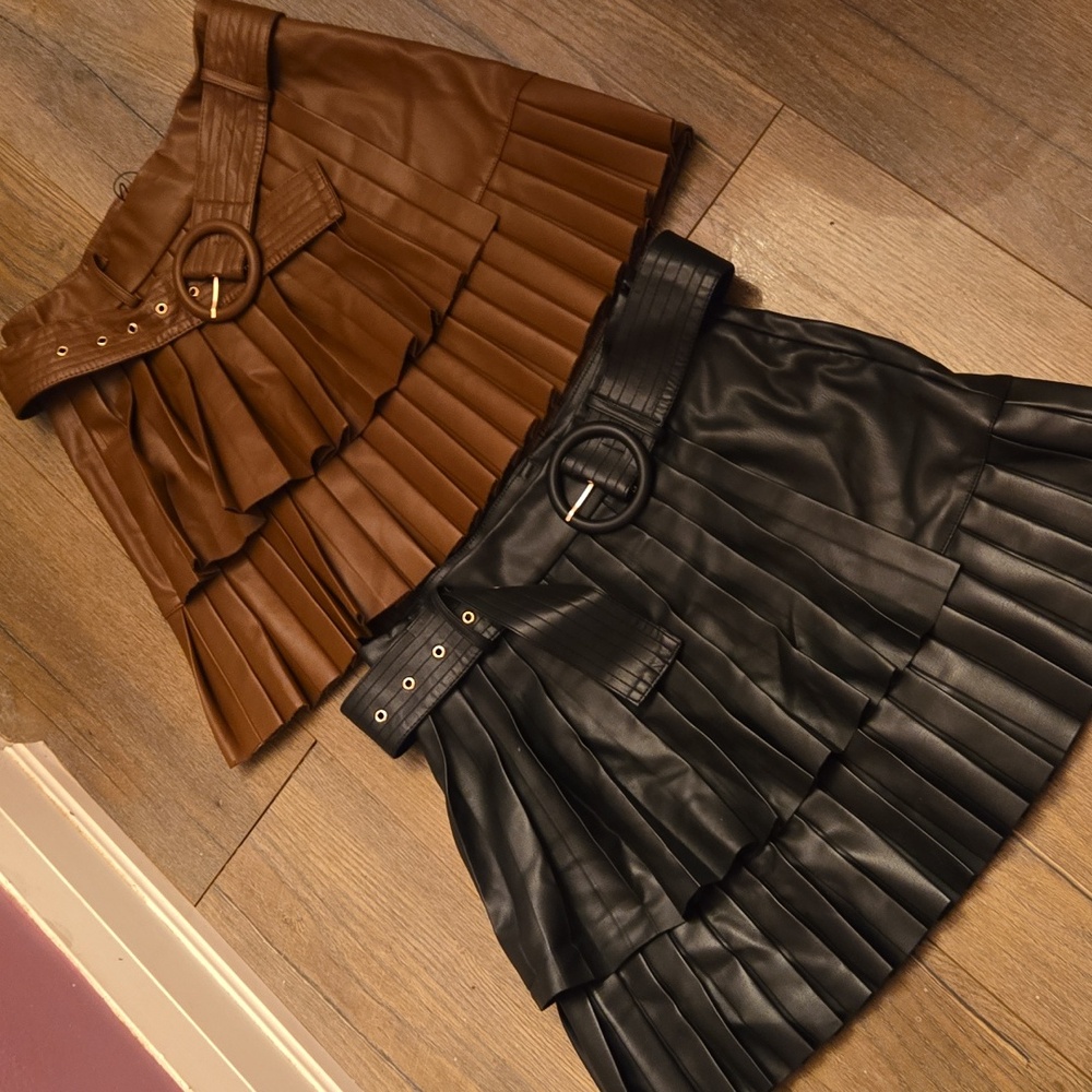 Zara Brown and Black Pleated Leather Skirt